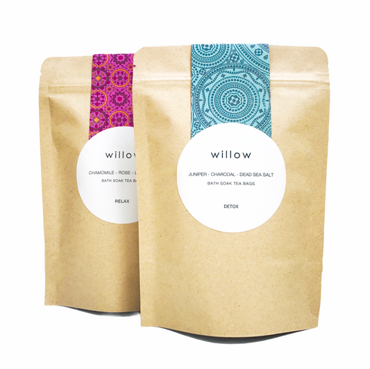 Organic Detox Bath Bags, Stand Up Pouch containing 2 Bath Bags. Dead Sea Salt, Activated Charcoal and Juniper Berries, Vegan